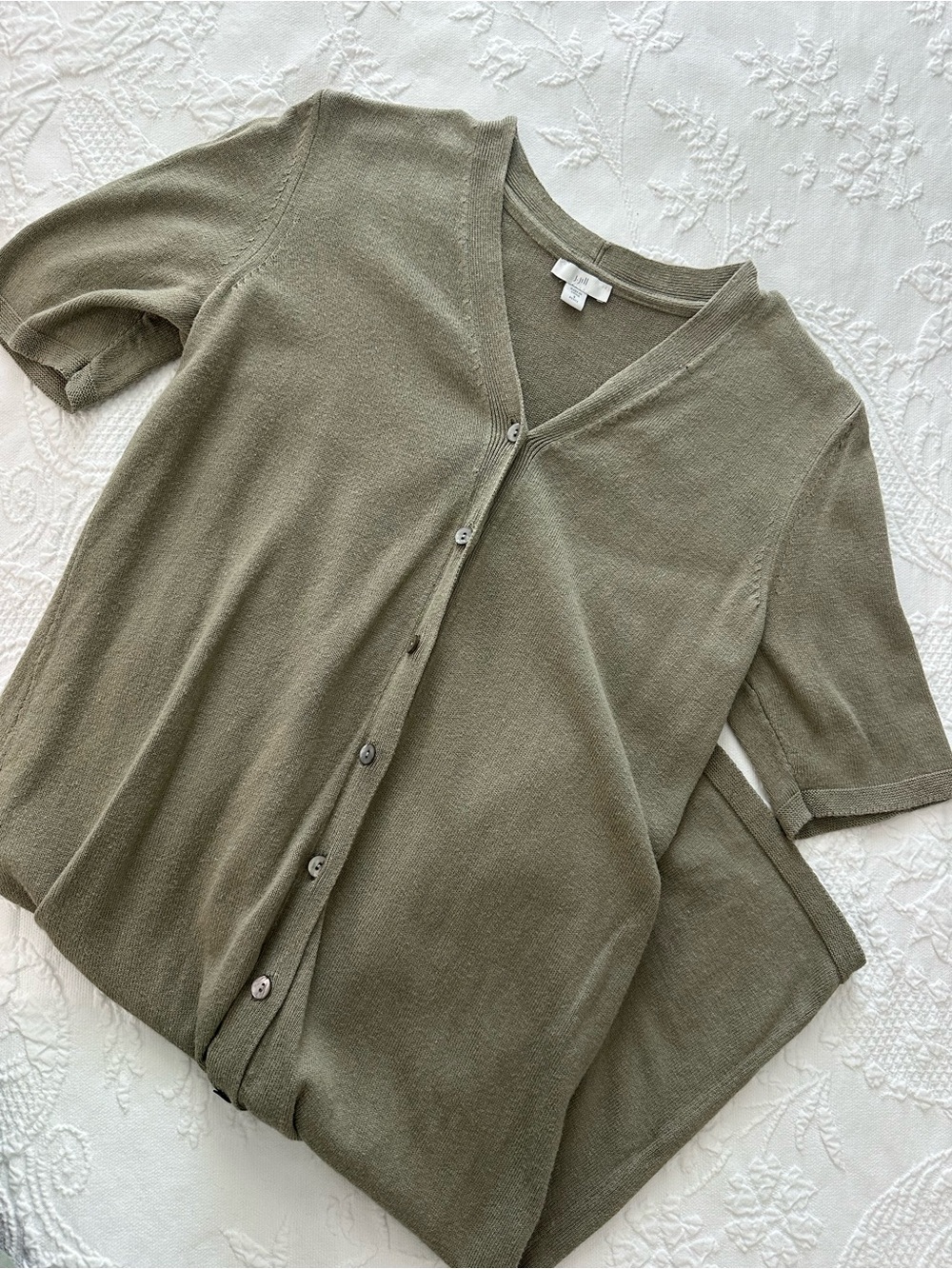 J Jill Linen Light Olive Short-Sleeve Button Dress